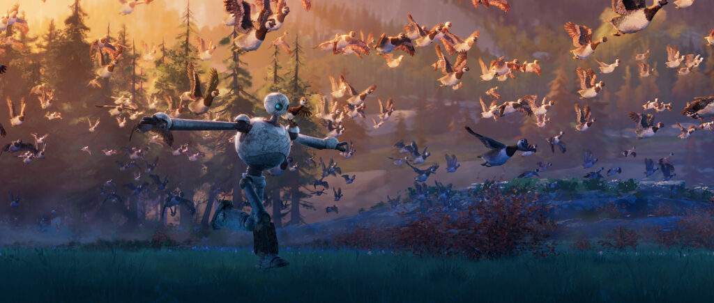 (from left) Roz (Lupita N’yongo), and Brightbill (Kit Connor) in DreamWorks Animation’s Wild Robot, directed by Chris Sanders.